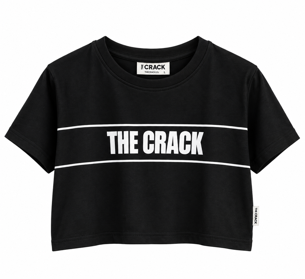 Crop Top mujer THE CRACK negro, vista frontal con logo blanco