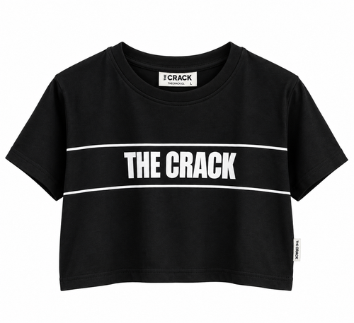 Crop Top mujer THE CRACK negro, vista frontal con logo blanco