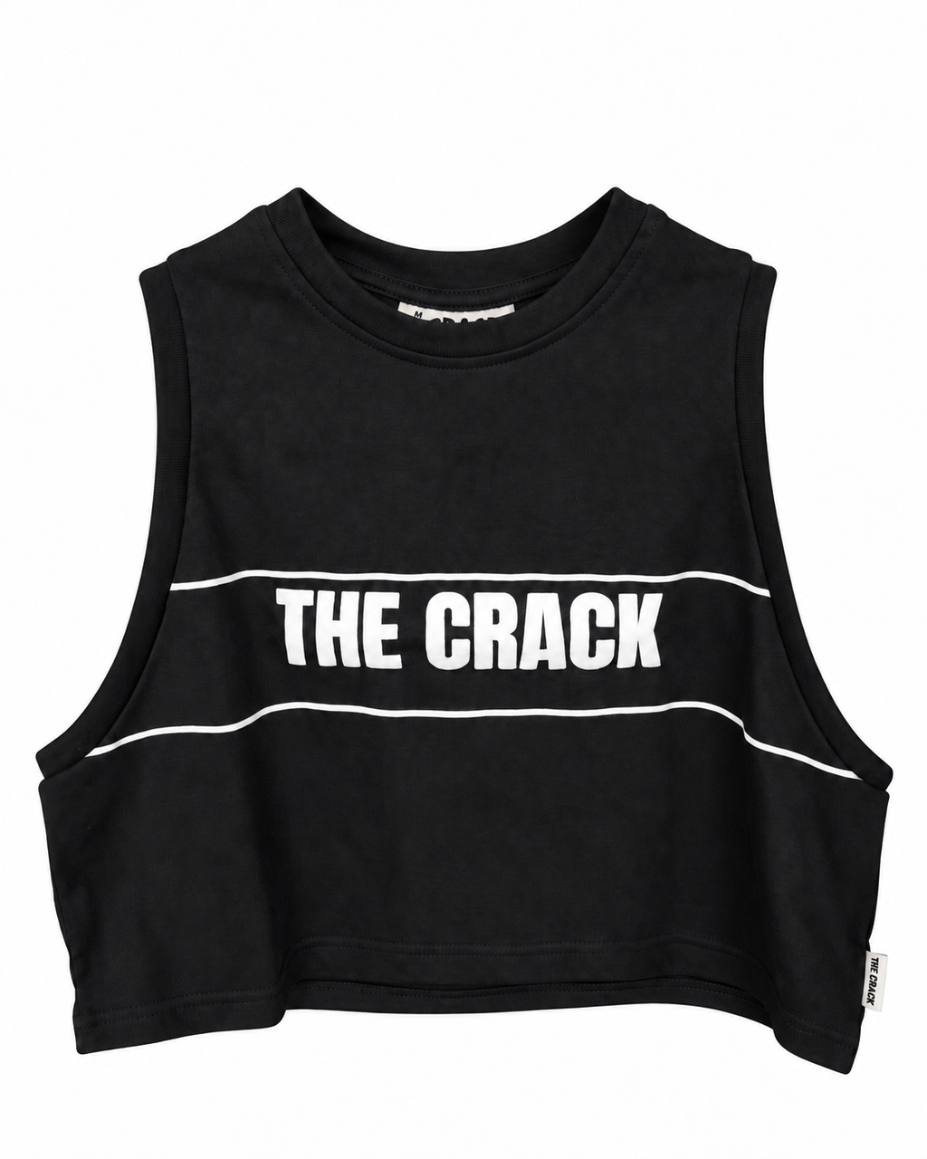 Musculosa mujer THE CRACK negra, vista frontal con logo blanco