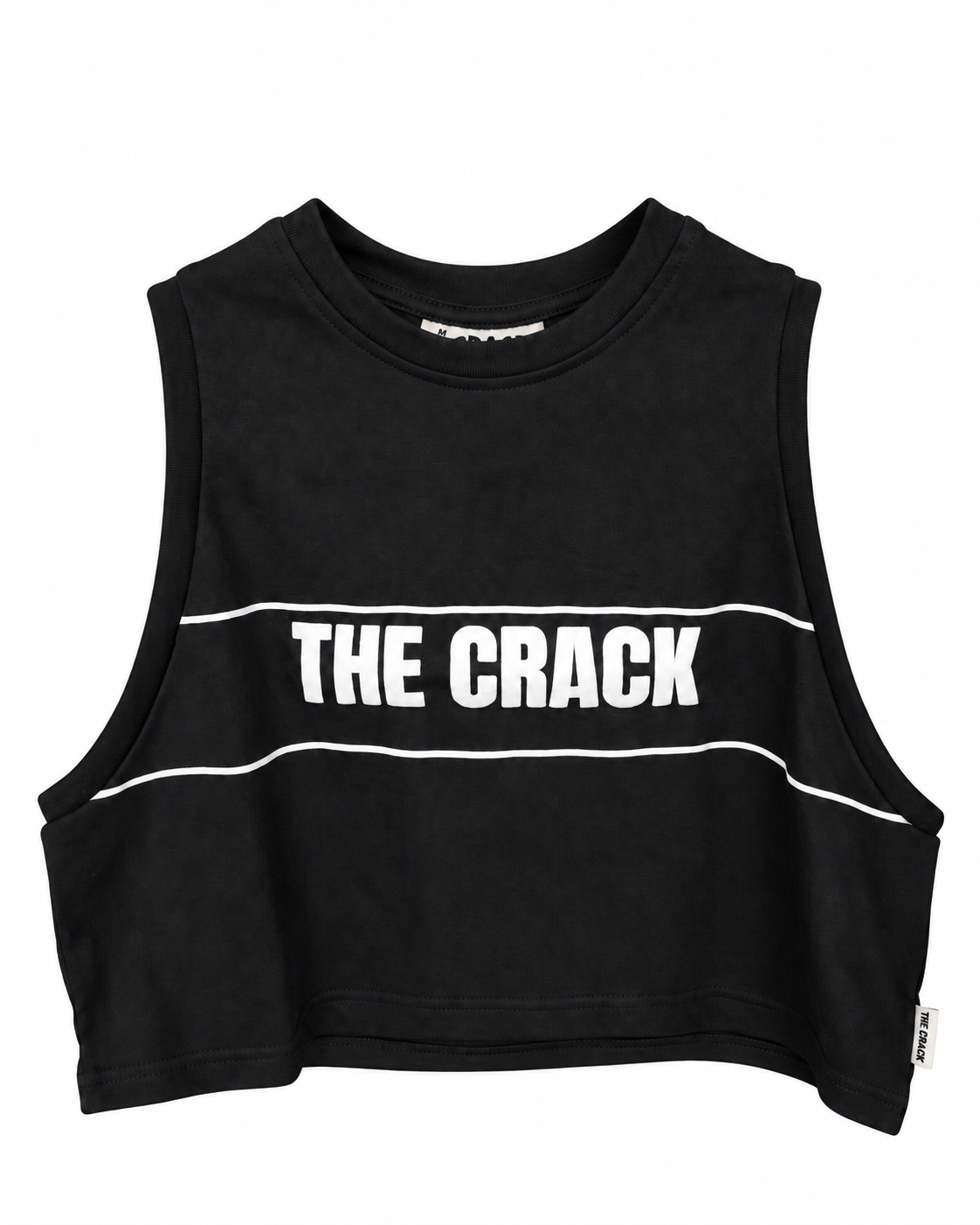 Musculosa mujer THE CRACK negra, vista frontal con logo blanco