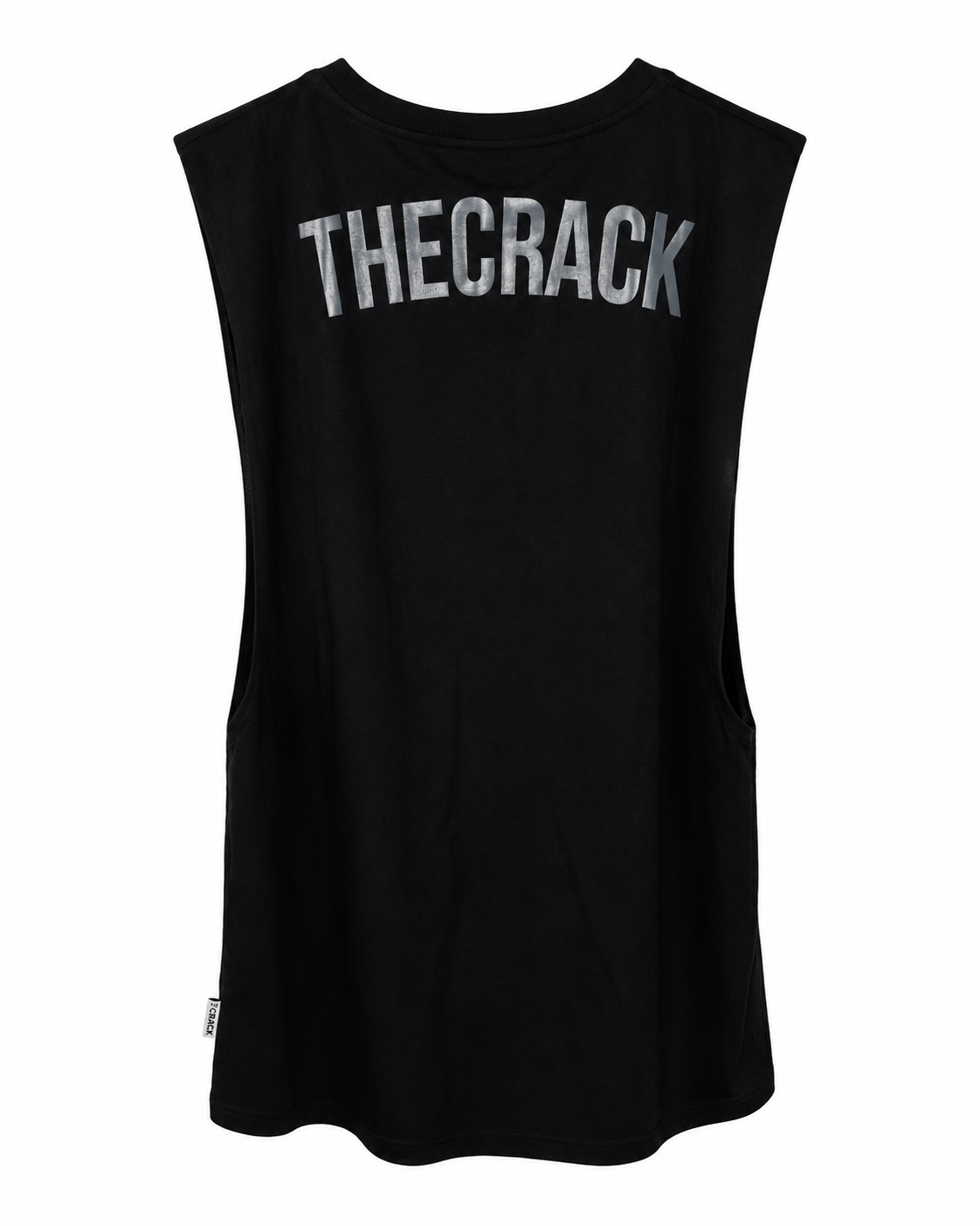 Musculosa hombre THE CRACK negra, vista posterior con logo gris