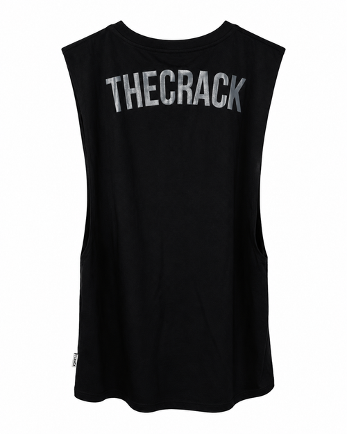 Musculosa hombre THE CRACK negra, vista posterior con logo gris