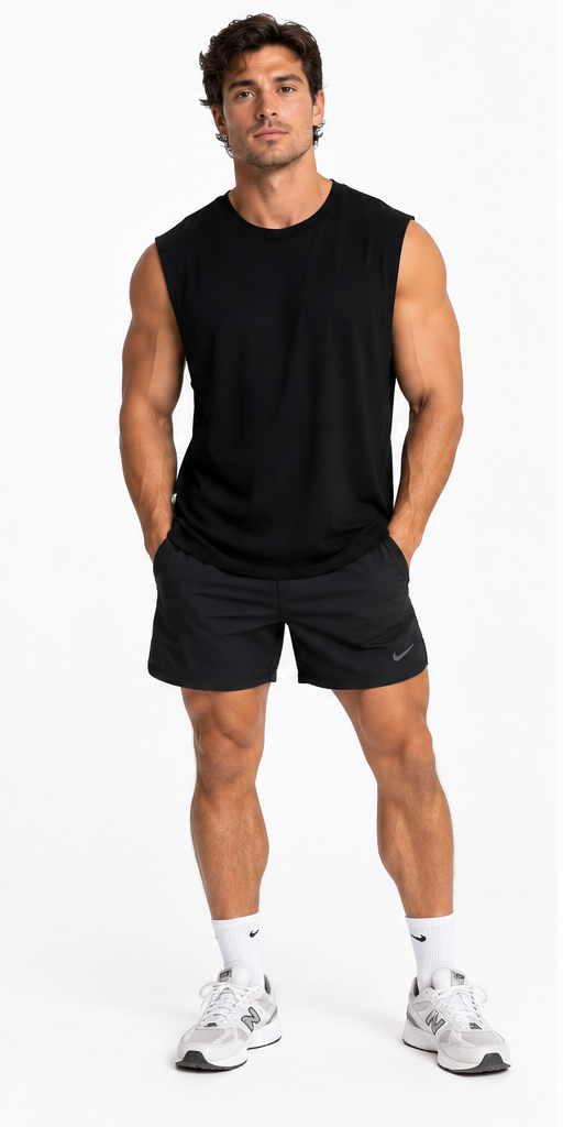 Modelo hombre usando Musculosa THE CRACK negra, vista frontal